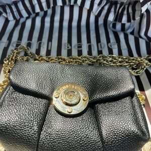 Henri Bendel Black Pebbled Leather Crossbody Bag with Gold Chain